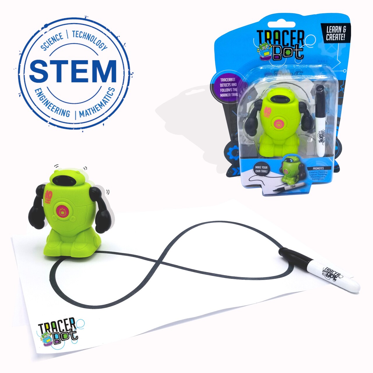 TracerBot - Green – Mini Inductive Robot That Follows the Black Line You Draw. Fun, Educational, and Interactive STEM Toy with Limitless Ways to Play! Promotes Logic and Creativity Training While Having Fun!